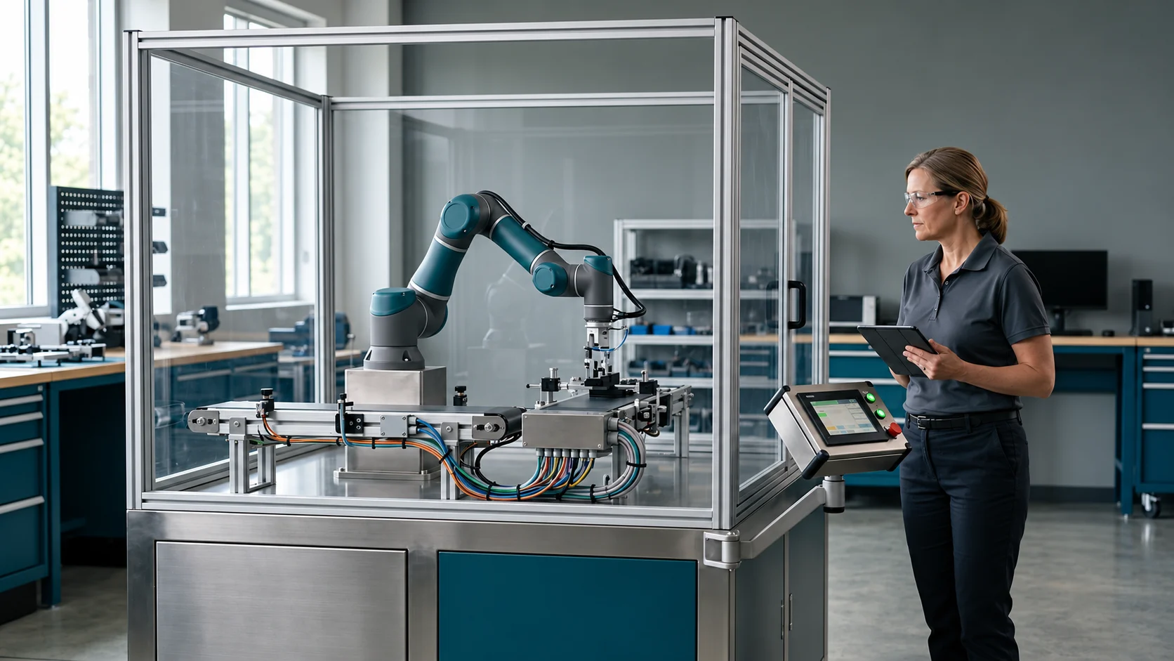 Illustrative industrial automation test cell with a robotic arm and guarded conveyor