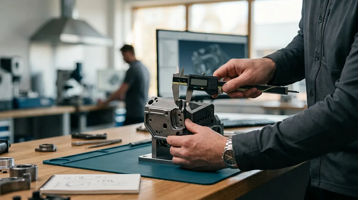 Illustrative close up of a machined prototype being measured with digital calipers